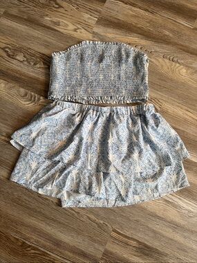 SHEIN Blue & White Printed Strapless Two-Piece Romper Set